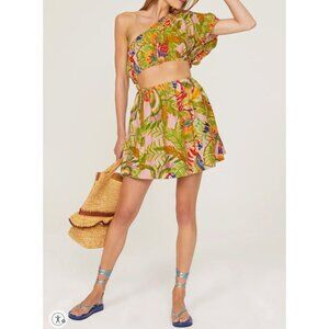 Farm Rio One Shoulder Mini Dress Size XS Linen Blend Multicolor